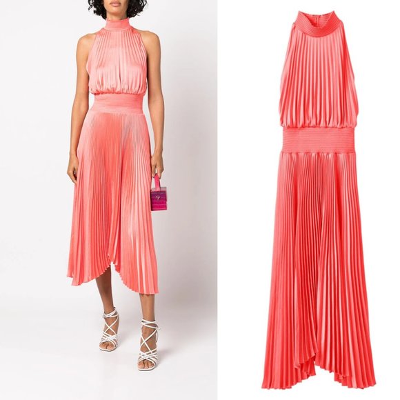 A.L.C. Renzo Asymmetrical Halter Pleated Midi Dress SZ 0 Maillot - Picture 2 of 9